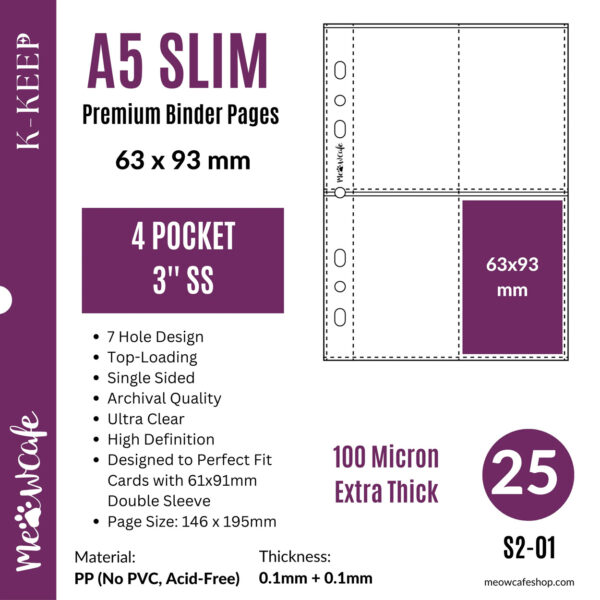 K-KEEP [A5 Slim] 4 Pocket - 63x93mm Single-Sided 7 Holes Premium Binder Pages, Double Sleeve Perfect Fit, 100 Micron Thick, High Definition (Pack of 25) kaeguli kpop shop albums and merchandise