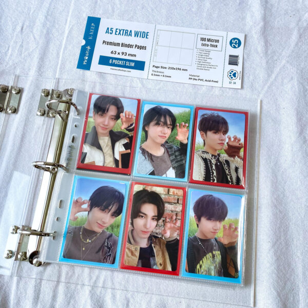 K-KEEP [A5 Extra-Wide] - 6 Pocket Slim 63x93mm - [For Perfect Fit 61x91mm Double Sleeve] Single Sided Premium Binder Pages No Flap- 7 Holes (25 Pages) kaeguli kpop shop albums and merchandise