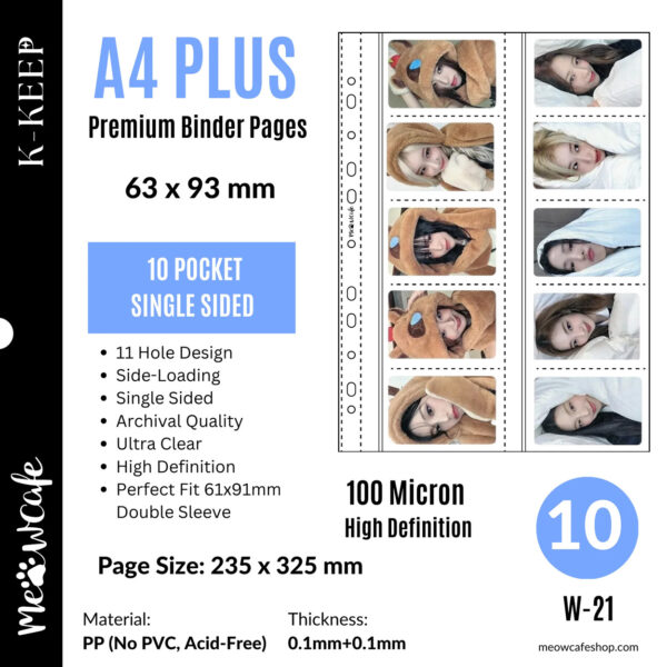 K-KEEP [A4 PLUS] - 10 Pocket 63x93mm - 11 Holes Premium Binder Pages, 100 Micron Thick, High Definition (Pack of 10) kaeguli kpop shop albums and merchandise