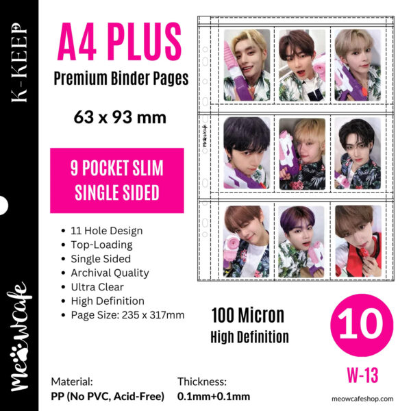 K-KEEP [A4 PLUS] - 9 Pocket (Slim 63x93mm) - 11 Holes Premium Binder Pages, 100 Micron Thick, High Definition (Pack of 10) kaeguli kpop shop albums and merchandise
