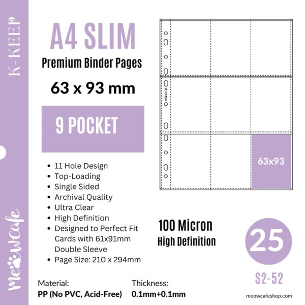 K-KEEP [A4 Slim] - 9 Pocket Double Sleeve Perfect Fit (63x93mm)- 11 Holes Premium Binder Pages, 100 Micron Thick, High Definition (Pack of 25) kaeguli kpop shop albums and merchandise