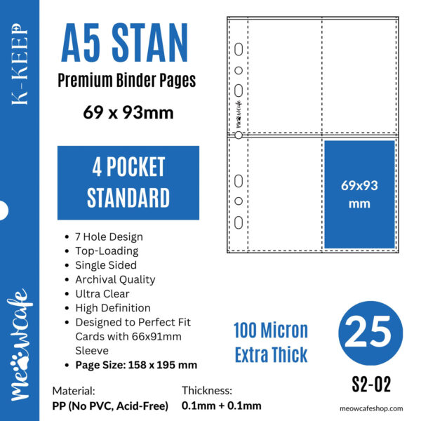 K-KEEP [A5 Standard] 4 Pockets 69x93mm- [For 66x91mm Sleeve] -7 Holes Premium Binder Pages, 100 Micron Thick, High Definition (Pack of 25) kaeguli kpop shop albums and merchandise